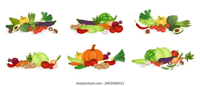 Fresh healthy vegetables banners. Compositions of farm product asparagus, artichoke, leek. Collection organic eco farm product for restaurant menu, market, label. Flat vector illustrations