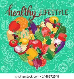 Fresh healthy vegetables by Heart shape. Vegetarian food collection and quotes Healthy lifestyle on mint green background. 
