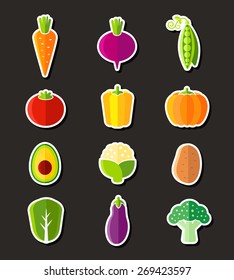Fresh healthy vegetables in flat style organic icons set on black background