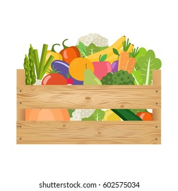 Fresh healthy vegetables and fruits in a wooden box. Vector illustration.