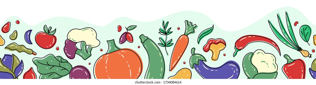 Fresh healthy vegetables seamless horizontal background. Wave border with colorful vegetables. Eggplant, cucumber, carrot, chanterelle, mushroom, pepper, spices. Vegetarian, vegan, diet, healthy food 