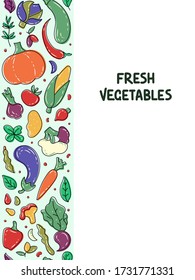 Fresh healthy vegetables seamless vertical background. Border with colorful vegetables. Eggplant, cucumber, carrot, chanterelle, mushroom, pepper, spices. Vegetarian, vegan, diet, healthy food 