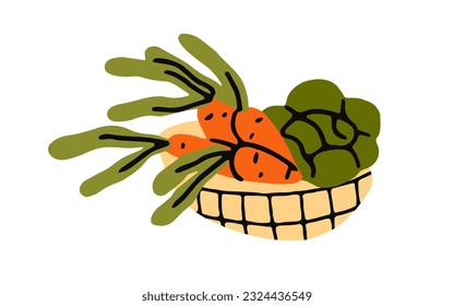 Verduras frescas sanas en una cesta de mimbre. Cosecha de granjas orgánicas locales, comida natural cruda, zanahorias maduras y lechuga verde, cultivos vitamínicos. Ilustración vectorial plana aislada en fondo blanco