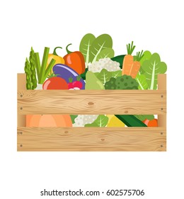 Fresh healthy vegetables in a wooden box. Vector illustration.