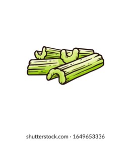 Fresh and healthy vegetarian snack - celery green cut row stalks the vector illustration in sketch doodle style isolated on white background. Celery stems or sticks icon.