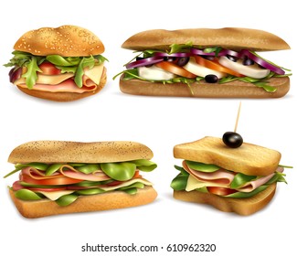 Fresh healthy whole grain sandwiches set with cheese ham mozzarella tomatoes onion and olives realistic vector illustration 