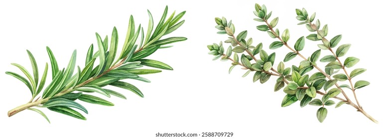 Fresh herb illustration, rosemary and thyme, botanical art, watercolor style, culinary use, natural elements.