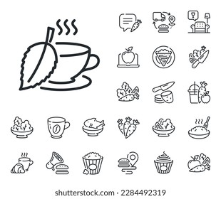 Fresh herbal beverage sign. Crepe, sweet popcorn and salad outline icons. Mint Tea line icon. Cup of drink symbol. Mint tea line sign. Pasta spaghetti, fresh juice icon. Supply chain. Vector