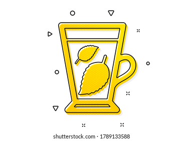 Fresh herbal beverage sign. Mint Tea icon. Mentha leaves symbol. Yellow circles pattern. Classic mint leaves icon. Geometric elements. Vector