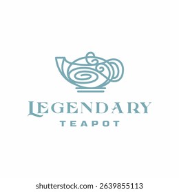 Fresh herbal natural tea pot, relaxing hot drink, teapot with line swirl style logo design like fresh air breeze