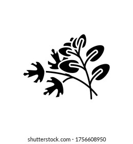 Fresh herbs black glyph icon. Scented fresh vegetable. Italian nutrient condiment. Dressing for flavor. Seasoning for cooking. Silhouette symbol on white space. Vector isolated illustration