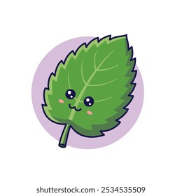 Concepto de hierbas frescas. Lindo carácter de hoja de menta kawaii. Ilustración de icono de dibujos animados de Vector. Carácter de menta en estilo doodle.