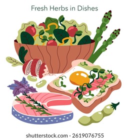 Fresh herbs enhance the appeal of various dishes. This illustration features a vibrant display of a salad, eggs on toast, seafood, and other ingredients, reflecting a healthy lifestyle and culinary