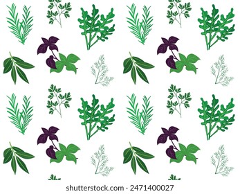 Fresh herbs and spices condiments seamless pattern. Parsley, rosemary, arugula. Design for packaging, background, poster, flyer. Vector flat illustration for textile, wrapping paper