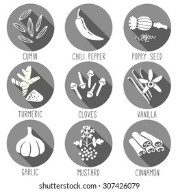 Fresh herbs and spices icons in circles with long shadows. Vector illustration