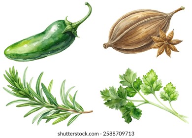 Fresh herbs and spices, vibrant watercolor illustration, culinary ingredients, organic cooking, flavorful garnishes.