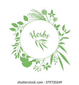 Fresh herbs store emblem. Green round frame with collection of plants. Silhouette of branches isolated on white background