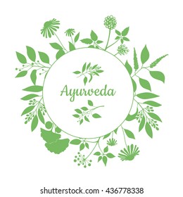 Fresh herbs store emblem. Green round frame with collection of plants. Silhouette of branches isolated on white background