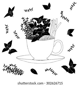 Fresh herbs in a tea cup. Vector pattern of on white background
