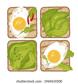 Fresh homemade breakfast toast with egg and avocado set. Vector illustration isolate.