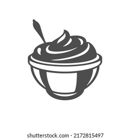 Crema fresca de leche agria de leche casera en cuchara de tazón monocromo icono vintage ilustración vectorial. Helado de yogur batido ingrediente de desayuno culinario alimento orgánico campo agricultura producción agrícola