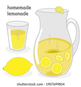 Fresh homemade lemonade with lemon slices in large glass jug. Glass and lemon are nearby.