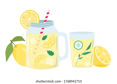 Fresh homemade lemonade in mason jar and glass. Lemonade with lemons, mint and cucumber. Summer beverage. Flat vector illustration isolated on white background