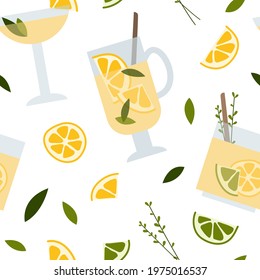 Fresh homemade lemonade, soda, mojito cocktail with lemon and mint. Summer tropic drink, cold citrus refreshing beverage in glass. Vector flat cartoon illustration, seamless pattern