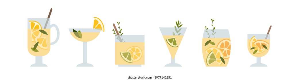 Fresh homemade lemonade, soda, mojito cocktail with lemon and mint. Summer tropic drink, cold citrus refreshing beverage in glass. Vector flat cartoon illustration. For logo, flyer, menu, sticker