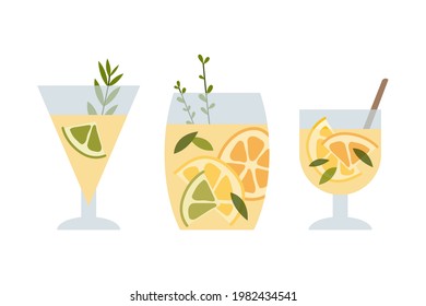 Fresh homemade lemonade, soda, mojito cocktail with lemon and mint. Summer tropic drink, cold citrus refreshing beverage in glass. Vector flat cartoon illustration. For logo, flyer, menu, sticker