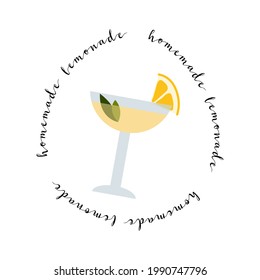 Fresh homemade lemonade, soda, mojito cocktail with lemon and mint. Summer tropic drink, cold citrus refreshing beverage in glass. Vector flat cartoon illustration. For logo, flyer, menu, sticker