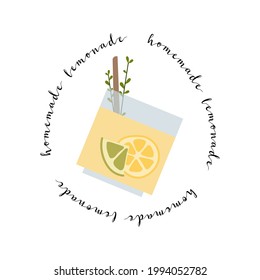 Fresh homemade lemonade, soda, mojito cocktail with lemon and mint. Summer tropic drink, cold citrus refreshing beverage in glass. Vector flat cartoon illustration. For logo, flyer, menu, sticker
