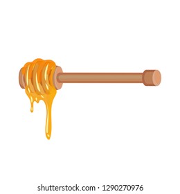 Fresh honey dripping from wooden dipper. Natural and healthy product from apiary farm. Flat vector design