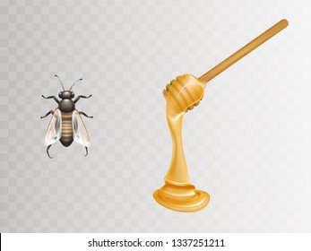 Fresh honey flowing and dripping from wooden dipper and bee 3d realistic vector illustrations set isolated on transparent background. Beekeeping industry, honey farm advertisement design elements