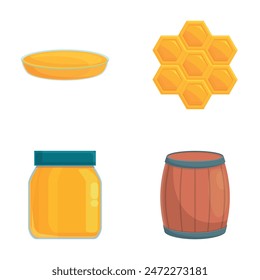 Iconos de miel fresca conjunto de dibujos animados Vector. Panal, tarro y barril de miel. Producto alimenticio ecológico