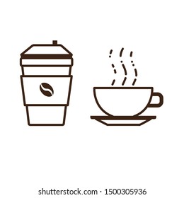 Fresh hot coffee in cup and beverage to go with coffee bean symbol. Line design elements for coffee house and shop.
