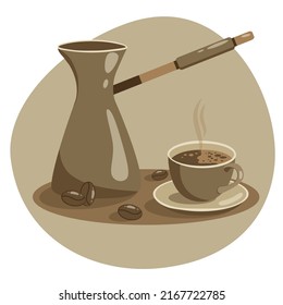 Fresh hot coffee on table. Vector flat illustration of freshly brewed coffee and coffee maker. Coffee in Turkey.