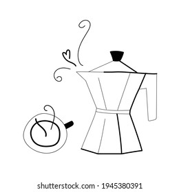 Fresh hot cup of coffee and a geyser coffee maker. Black and white vector hand drawn illustration. Line art. Line drawing. Coffee love, heart