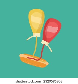 fresh hot dog in bun with ketchup and mustard squirted out of the bottle flat design ilustration. unhealthy tasty fastfood and junk food on street print. yellow, Red tomato sauce in container vector 