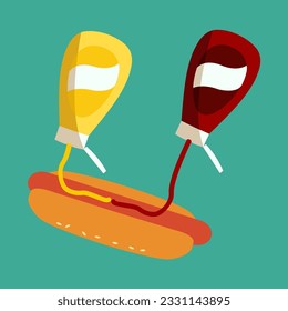 fresh hot dog in bun with ketchup and mustard squirted out of the bottle flat design ilustration. unhealthy tasty fastfood and junk food on street print. yellow, Red tomato sauce in container vector