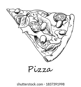Fresh hot Italian vegetable vegetarian pizza from home restaurant. Cut piece. Filling with tomatoes, olives, cheese and basil. Ink illustration in old vintage style.
Isolated