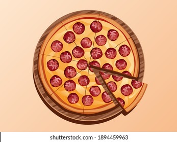 Fresh hot pepperoni pizza advertisement with delicious ingredients, with sausage, cheese on chalkboard background- Top view vector illustration