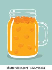 Fresh hot sea buckthorn tea drink with berries in glass vintage mason jar. Healthy natural delicious fruit hot beverage. Vector illustration.