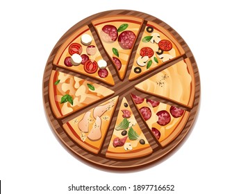 Fresh hot slices pizza with delicious ingredients, with various toppings pepperoni, gorgonzola, margarita,  capricciosa, cheesecake, fast food on chalkboard white background- Top view vector illustrat