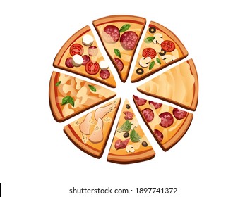 Fresh Hot Slices Pizza With Delicious Ingredients, With Various Toppings Pepperoni, Gorgonzola, Margarita, Capricciosa, Cheesecake, Fast Food On White Background - Top View Vector Illustration