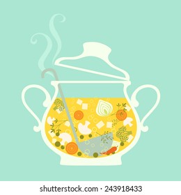 Fresh hot soup in glass tureen.