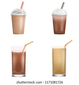 Fresh ice coffee icon set. Realistic set of fresh ice coffee vector icons for web design isolated on white background