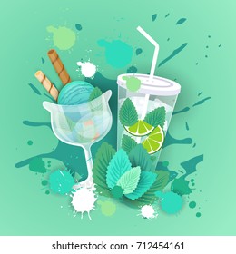 Fresh Ice Cream With Cocktail Logo Sweet Beautiful Dessert Delicious Food Banner Flat Vector Illustration