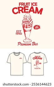  Fresh ice cream graphic print design for t shirt, posters, background and others. Retro ice cream hand drawn vector art. Cherry and strawberry ice cream design. Enjoy summer with sweet ice cream.