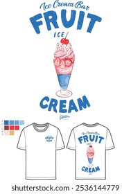 Frisches Eiscreme-Grafikdruckdesign für T-Shirt, Bekleidung, Poster, Hintergrund und andere. Eisliebhaber. Süßer Club. Eiscreme Bar handgezeichnete Vektorkunst, Kirsche und Erdbeereis.